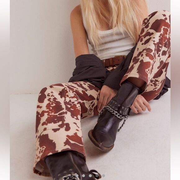 Free People Risk Taker Mid Rise Printed Jeans in Tea Combo-Cow Print - Picture 4 of 10